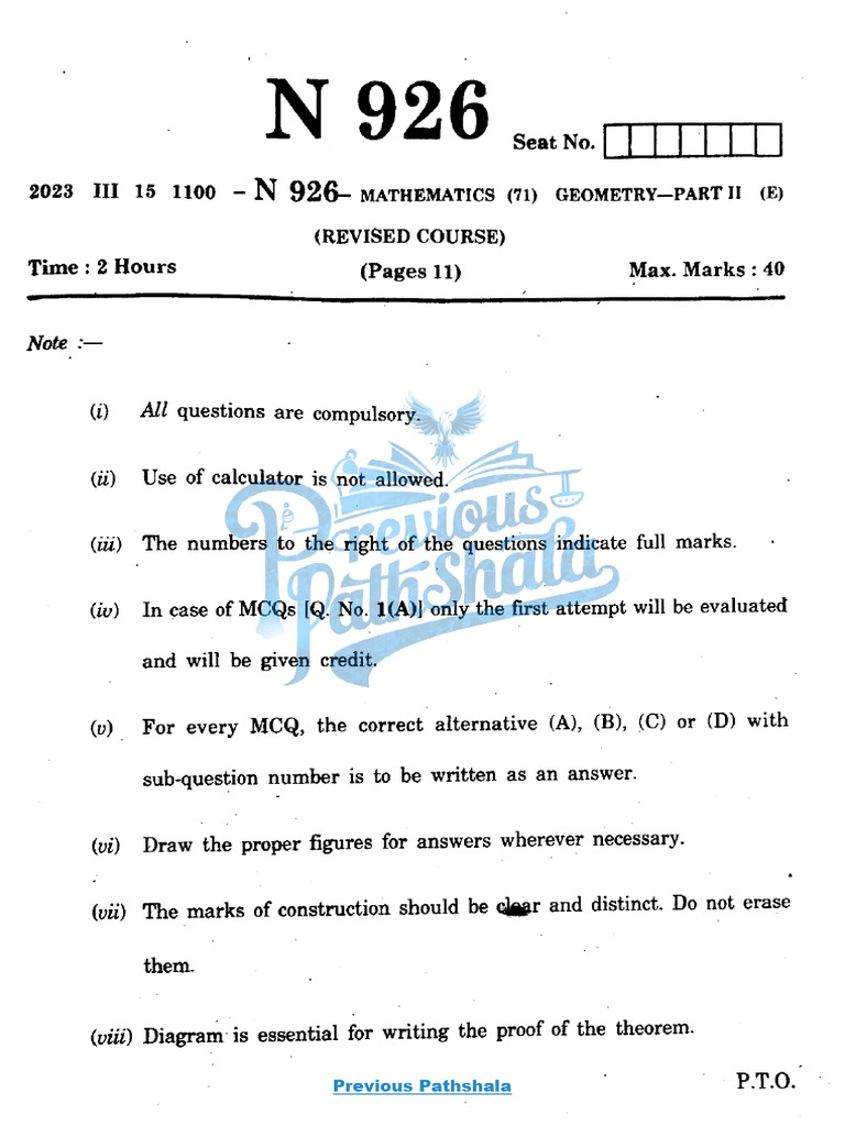 MH Board Class 10 Mathematics Geometry 71 N 926 2023 Download | PDF