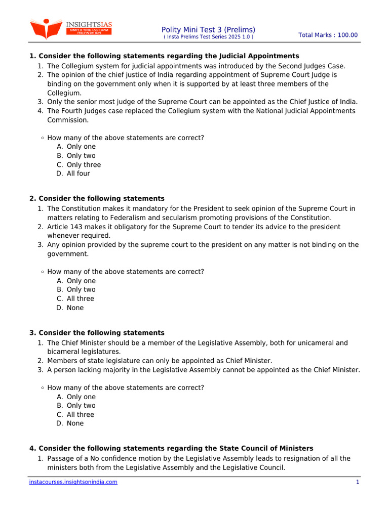 Polity Mini Test 3 for UPSC Prelims 2025 | PDF | Judge | Supreme Court ...