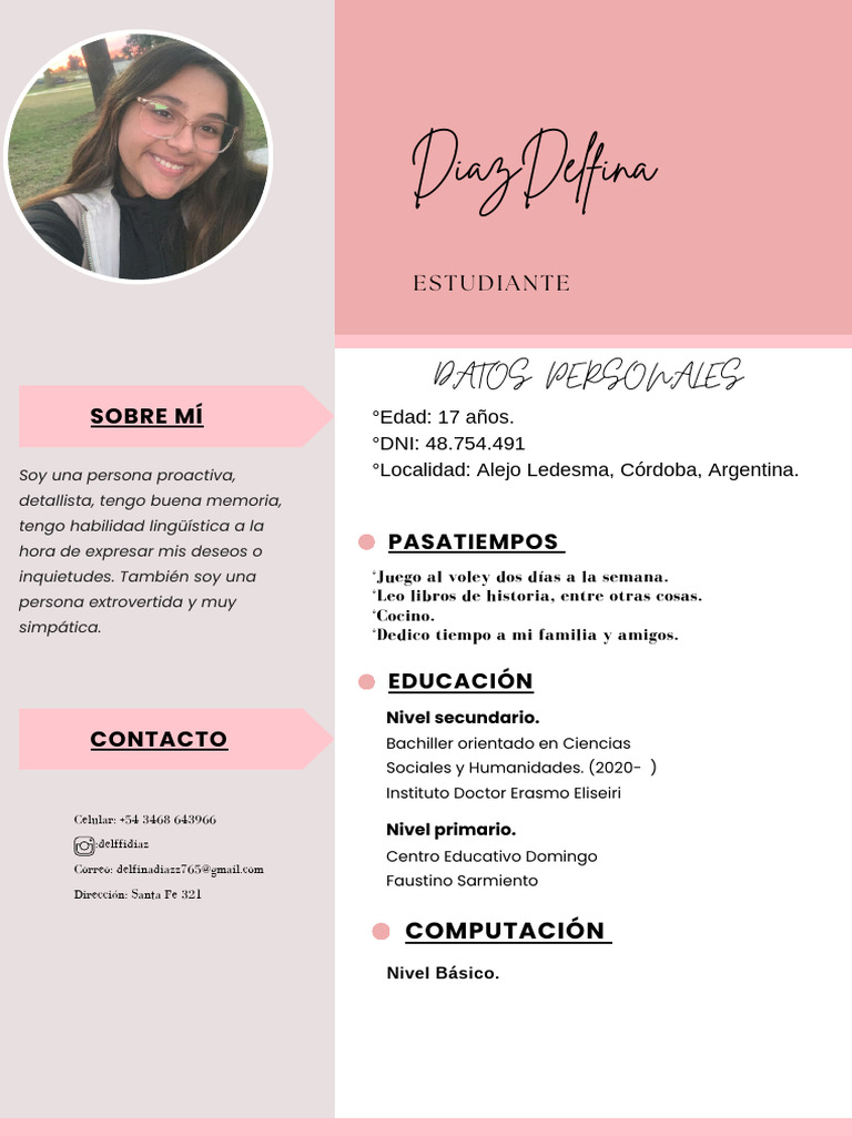 Curriculum CV de Estudiante Mujer Simple Rosa y Gris | PDF