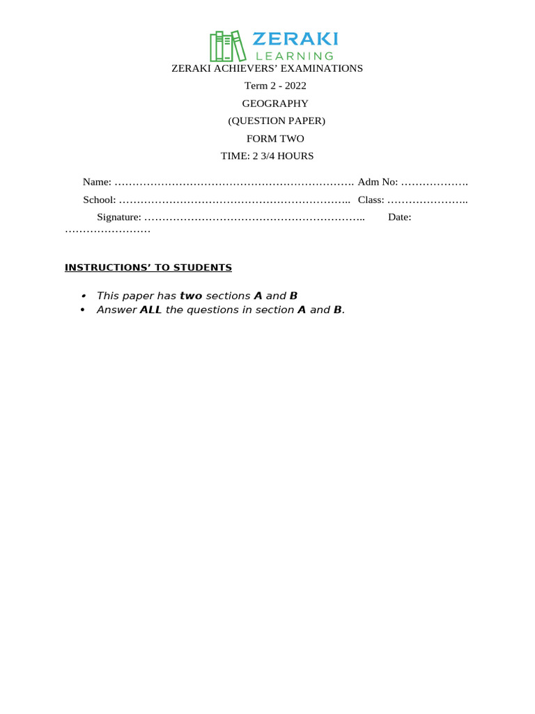 Form Two Geography Exam Paper 2022 | PDF | Rock (Geology) | Volcanism