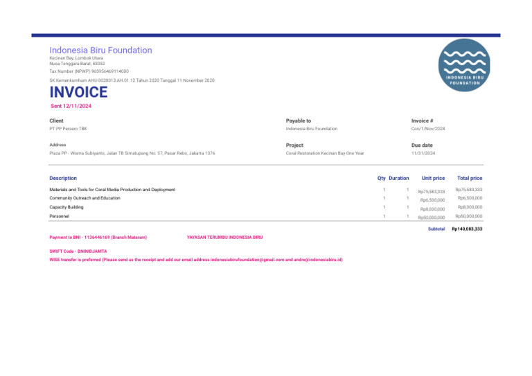 INVOICE IBF To PTPP - 12112024.xlsx - Invoice | PDF