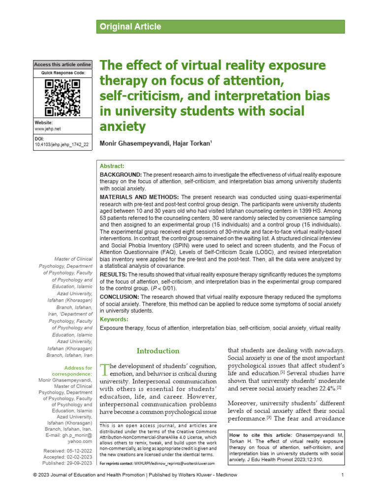 The Effect of Virtual Reality Exposure Therapy On.310 | PDF ...