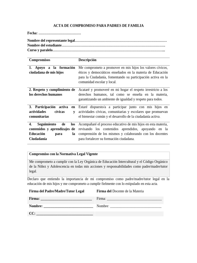 Acta de Compromiso para Padres de Familia 2024-2025 | PDF