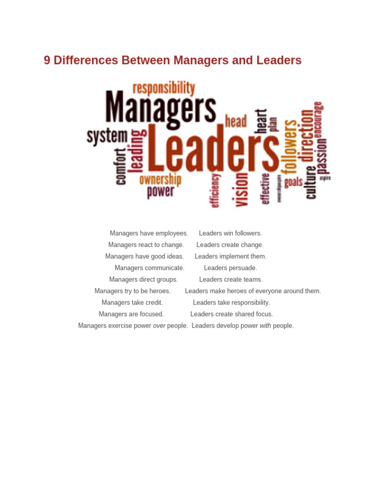 9 Differences Between Managers And Leaders Pdf Career Growth