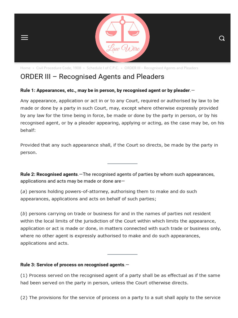 Order III: Agents and Pleaders in CPC | PDF | Service Of Process ...