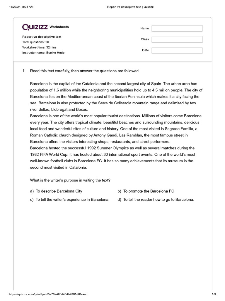 Report Vs Descriptive Text - Quizizz | PDF | Barcelona | Calculator