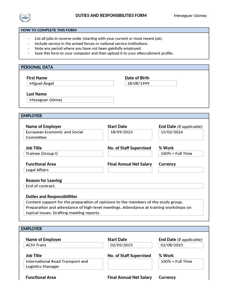 Employment History and Responsibilities Form | PDF | Salary | Employment