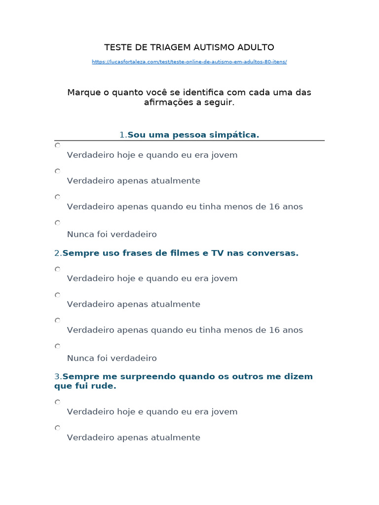 Teste de Triagem para Autismo Adulto | PDF | Espectro do autismo