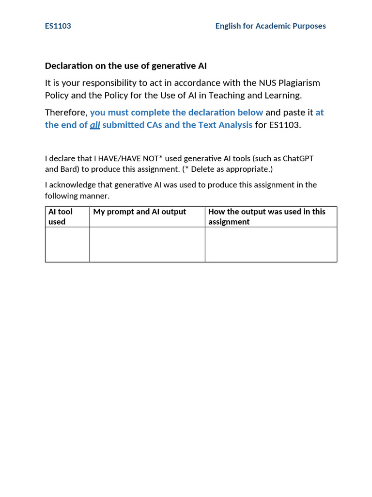 NUS AI Declaration for ES1103 Assignments | PDF