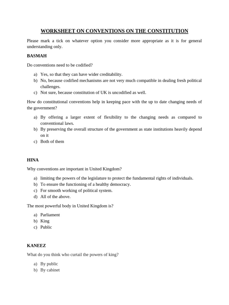 Worksheet For Const | PDF | Constitution | Democracy
