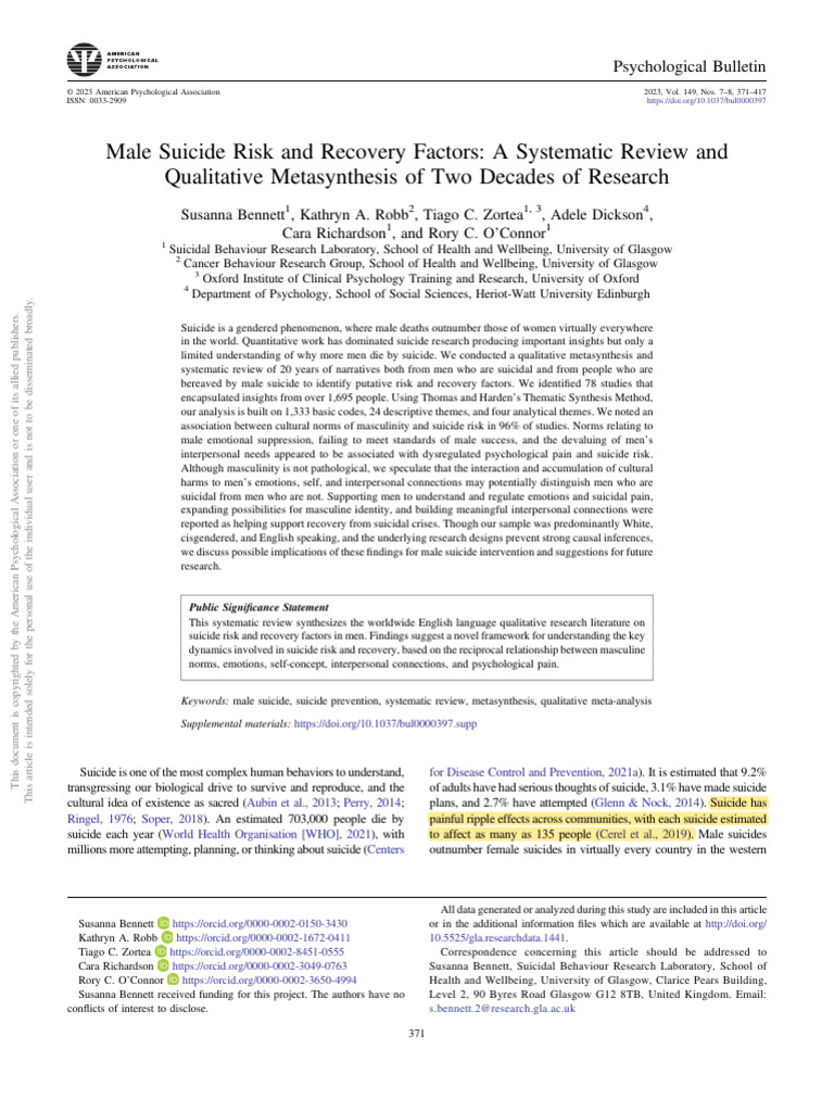 Male Suicide Risk: A Systematic Review | PDF | Psychology | Pain