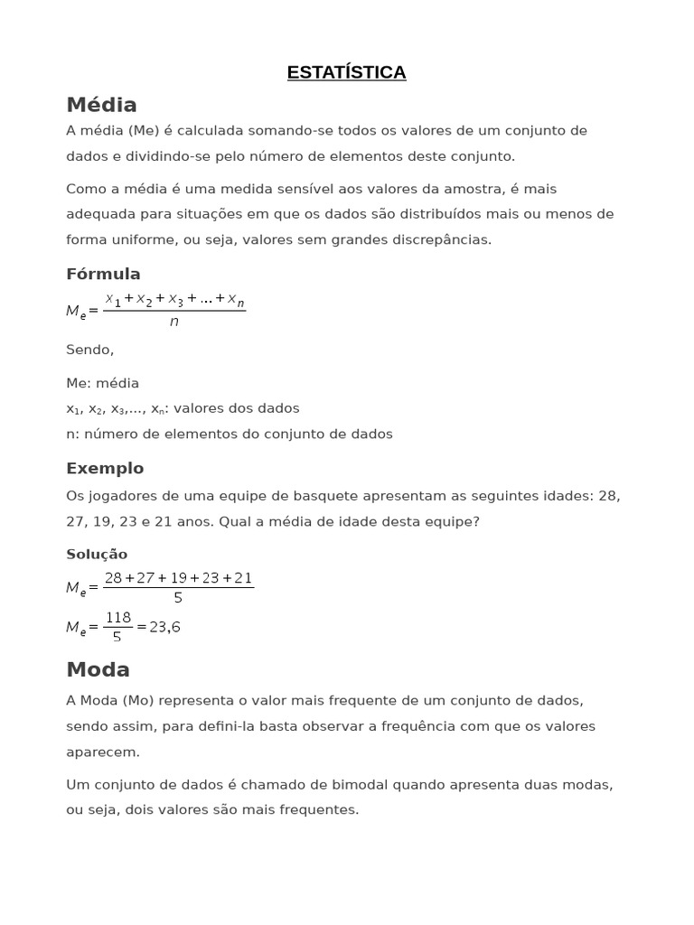 Média Moda e Mediana | PDF | Modo (Estatística) | Média