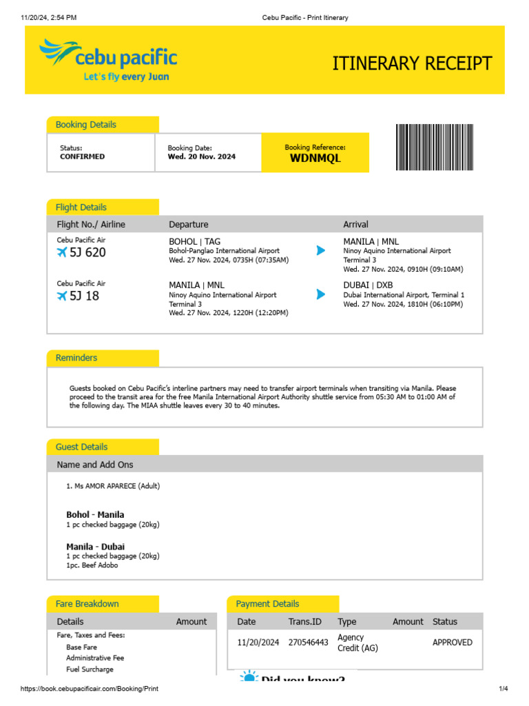 Bohol to Dubai Flight Itinerary | PDF | Fee | Aviation