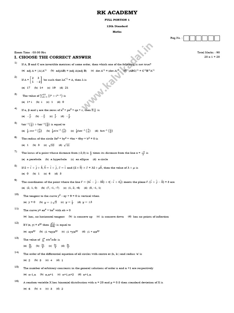 12th Standard Maths Exam Paper | PDF | Tangent | Equations