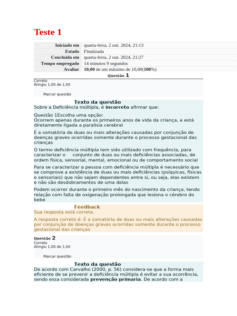 Teste 1 | PDF | Inclusão (Educação) | Educação Especial