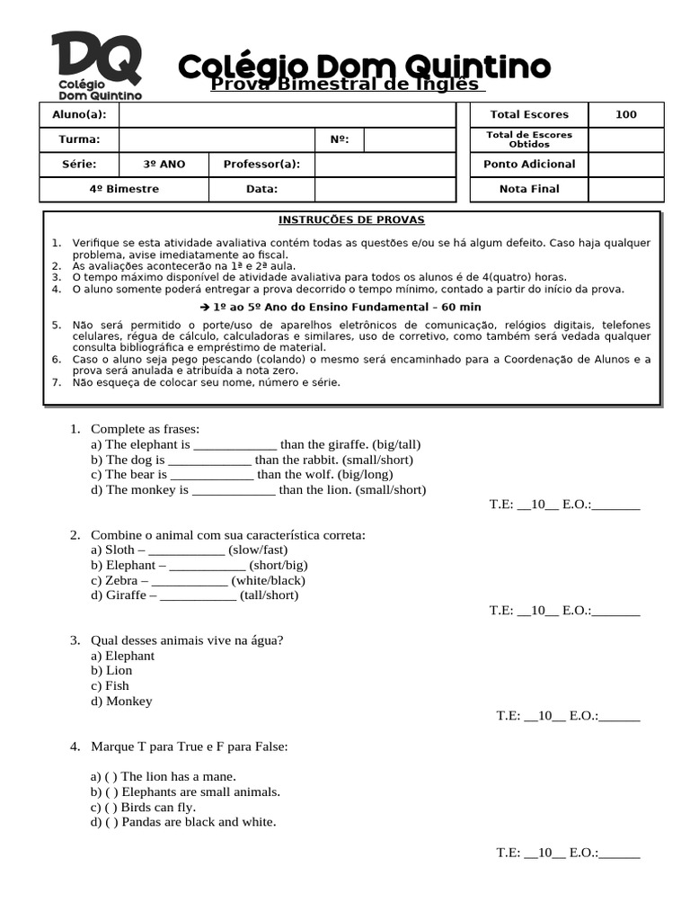 Instruções para Prova de Inglês 3º Ano | PDF