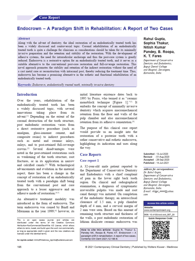 Endocrown A Paradigm Shift in Rehabilitation A.17 | PDF | Dental ...