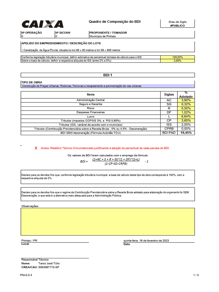 Composição do BDI em Pinhais | PDF | Finanças Governamentais | Governo