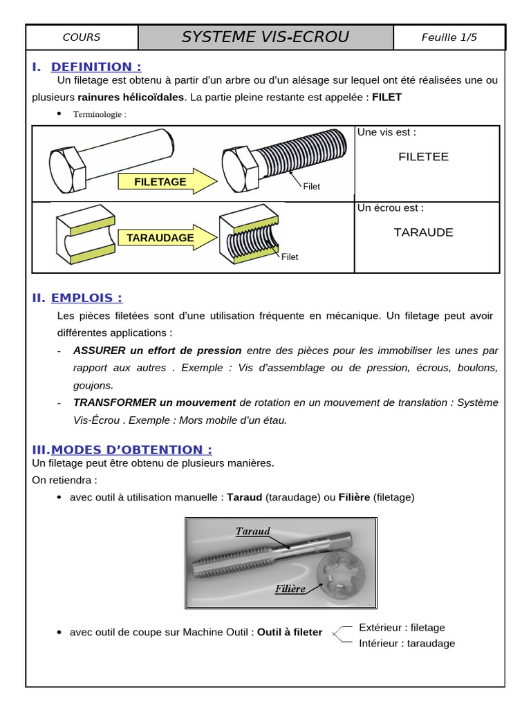 Système Vis-Écrou : Définition et Applications | PDF | Écrou | Vis de ...