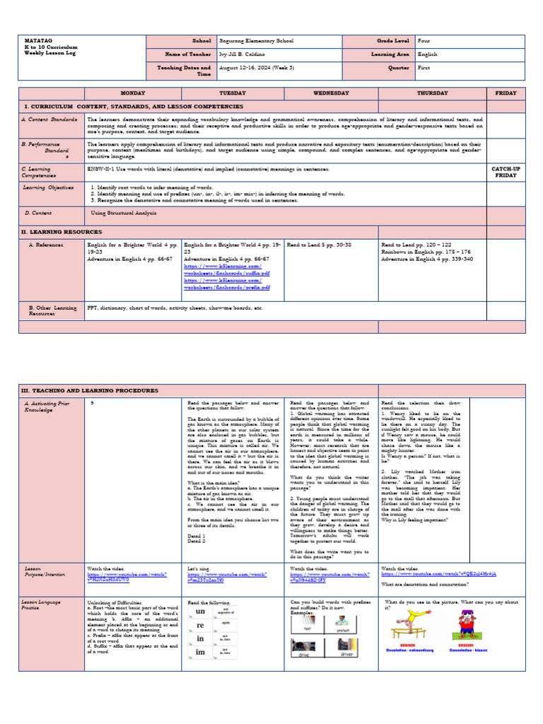 I. Curriculum Content, Standards, and Lesson Competencies | PDF ...