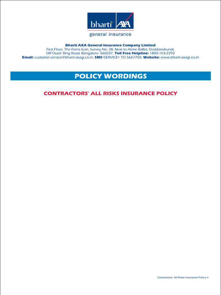 Contractors' All Risks Insurance Policy | PDF | Indemnity | Insurance