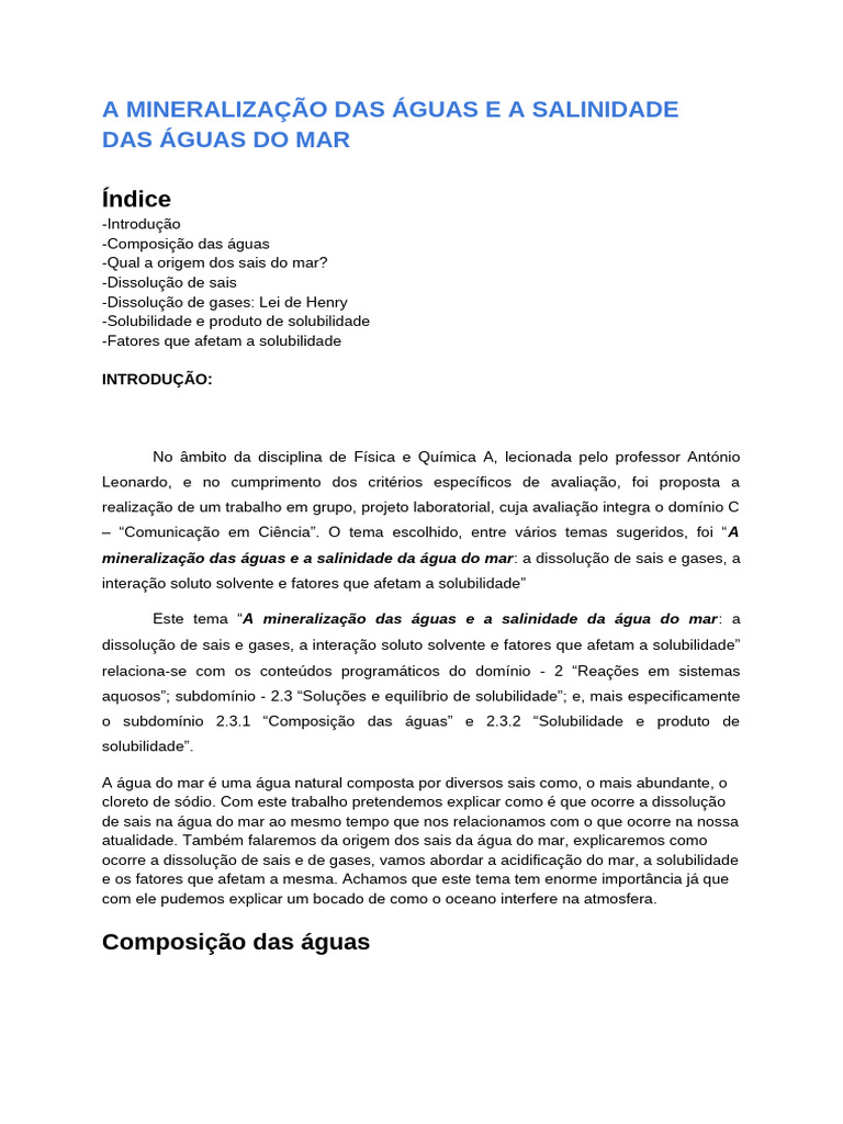 Mineralização e Salinidade das Águas Marinhas | PDF | Água do mar ...