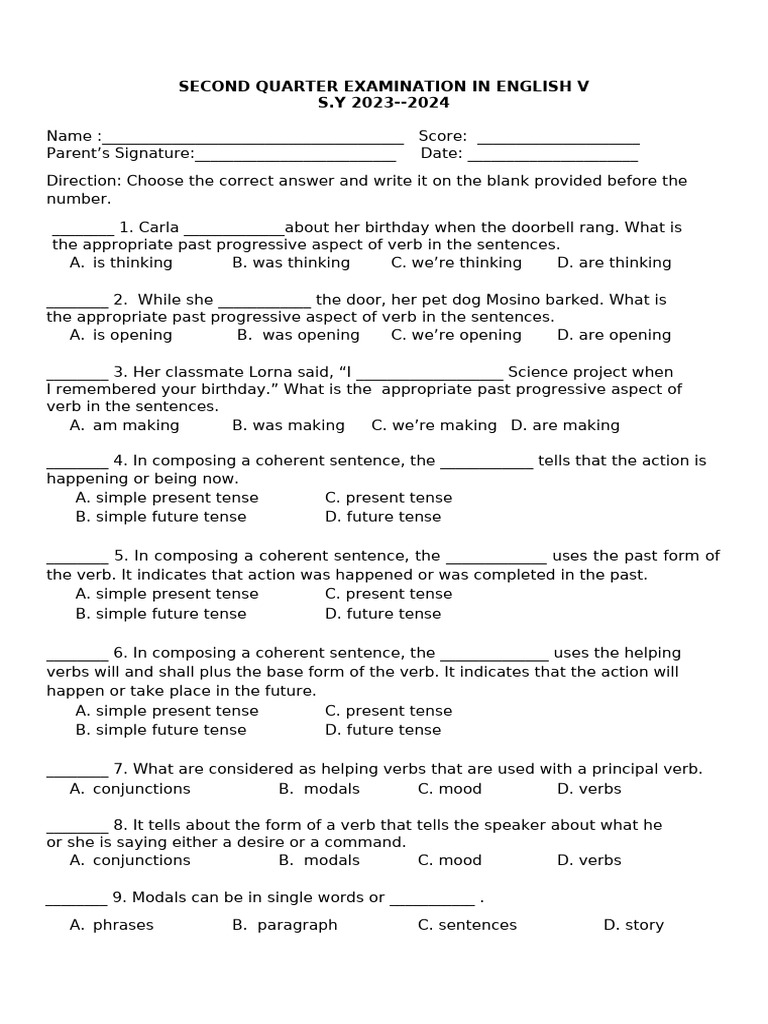 Q2 TQ English5 | PDF | Grammatical Tense | Syntax