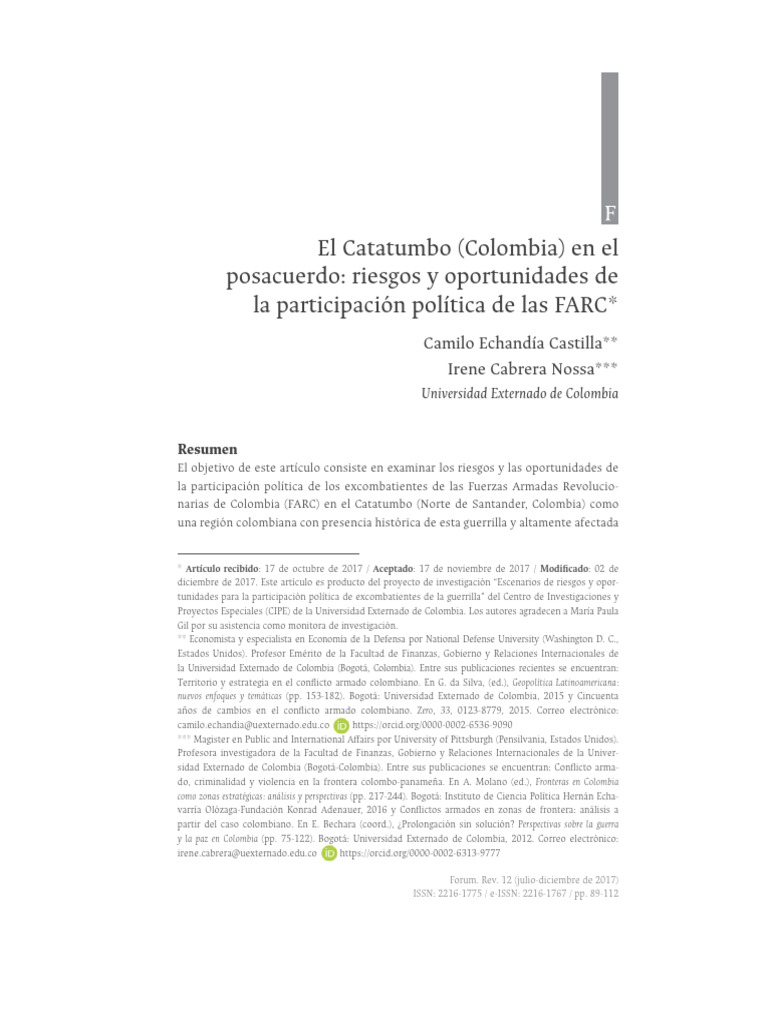 El Catatumbo (Colombia) en El Posacuerdo, Riesgos y Oportunidades de La ...