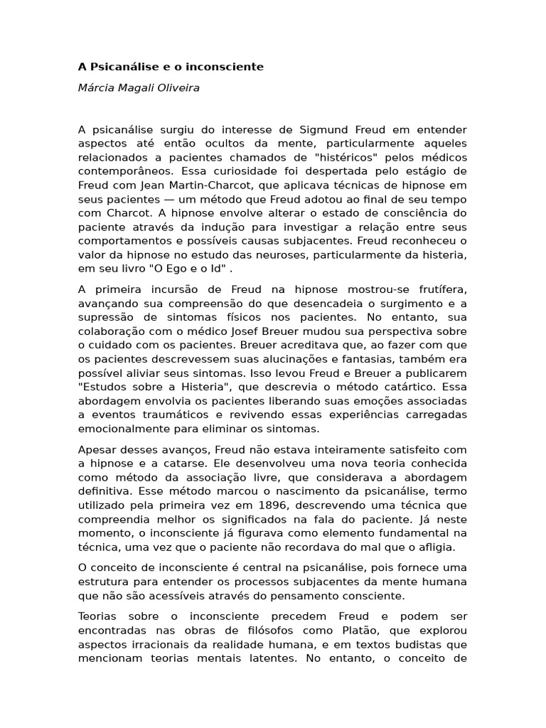 O Inconsciente na Psicanálise de Freud | PDF | Psicanálise | Mente ...