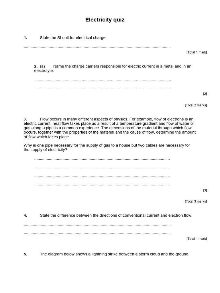 Electricity Quiz: (Total 1 Mark) | PDF | Electric Current | Physical ...