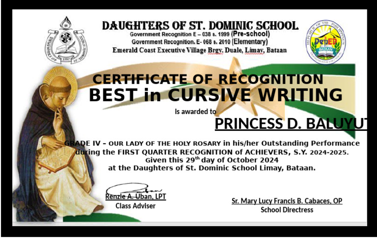 Best in Cursive Writing Certificate | PDF