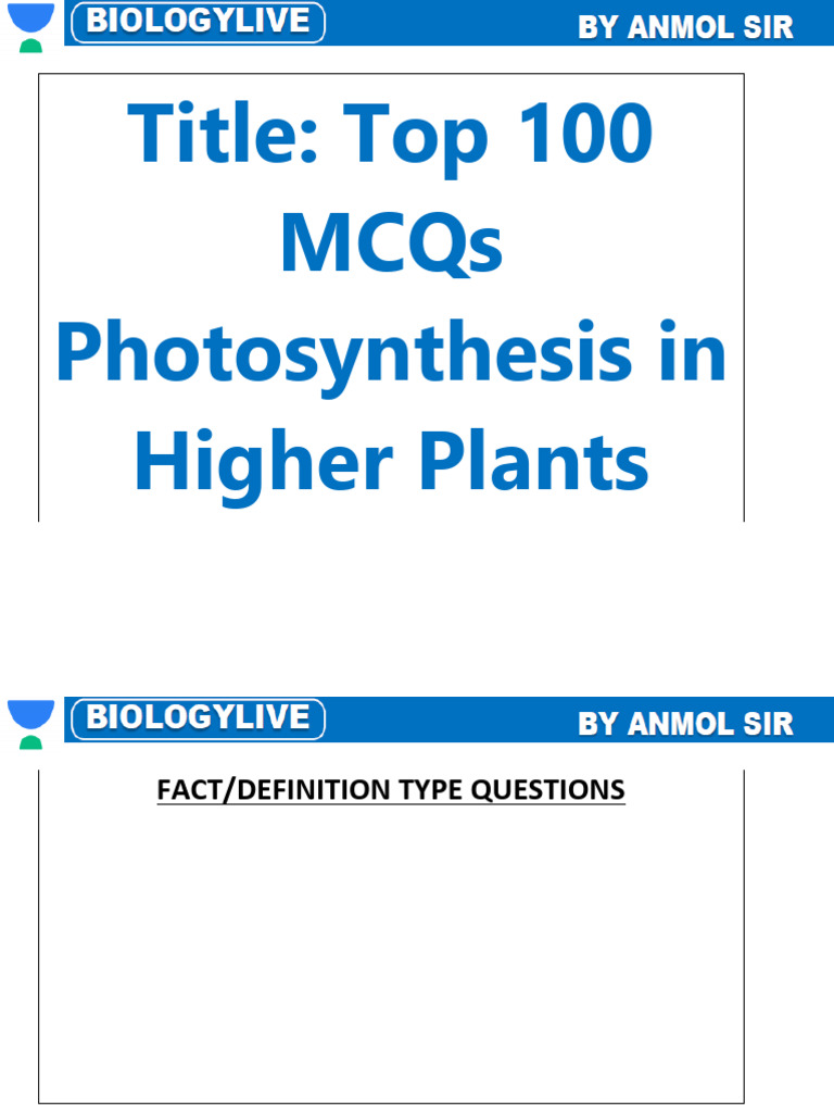 Photosynthesis MCQs for Higher Plants | PDF | Photosynthesis | Chloroplast