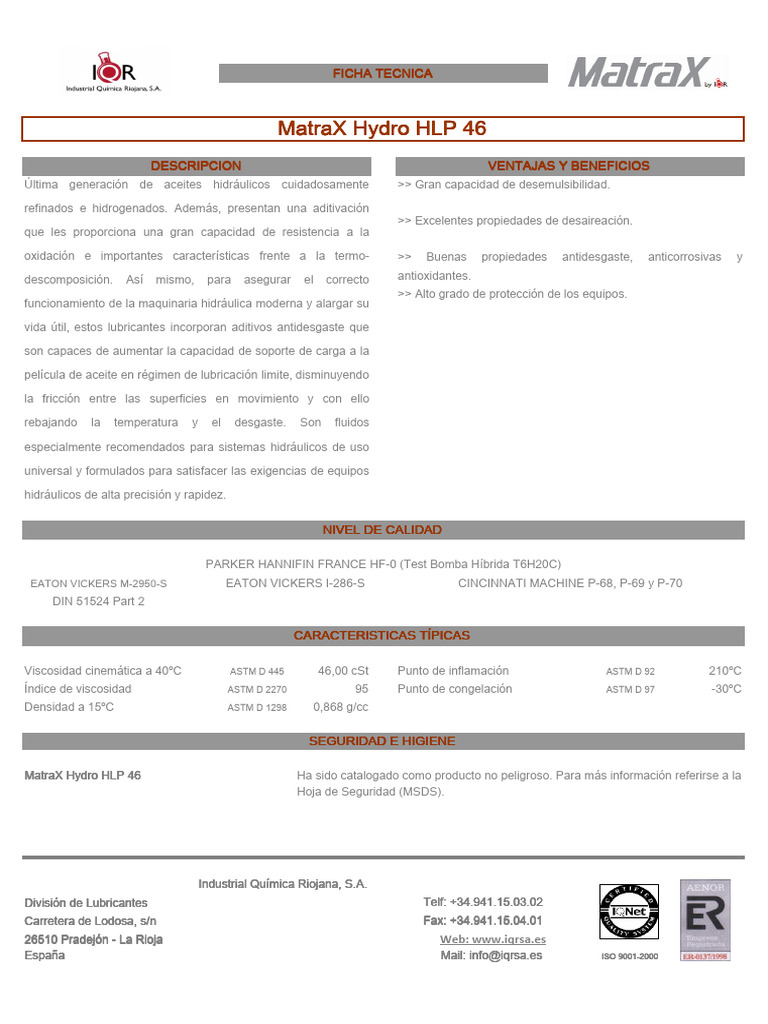 26 - MatraX Hydro HLP 46 | PDF | Lubricante | Materiales