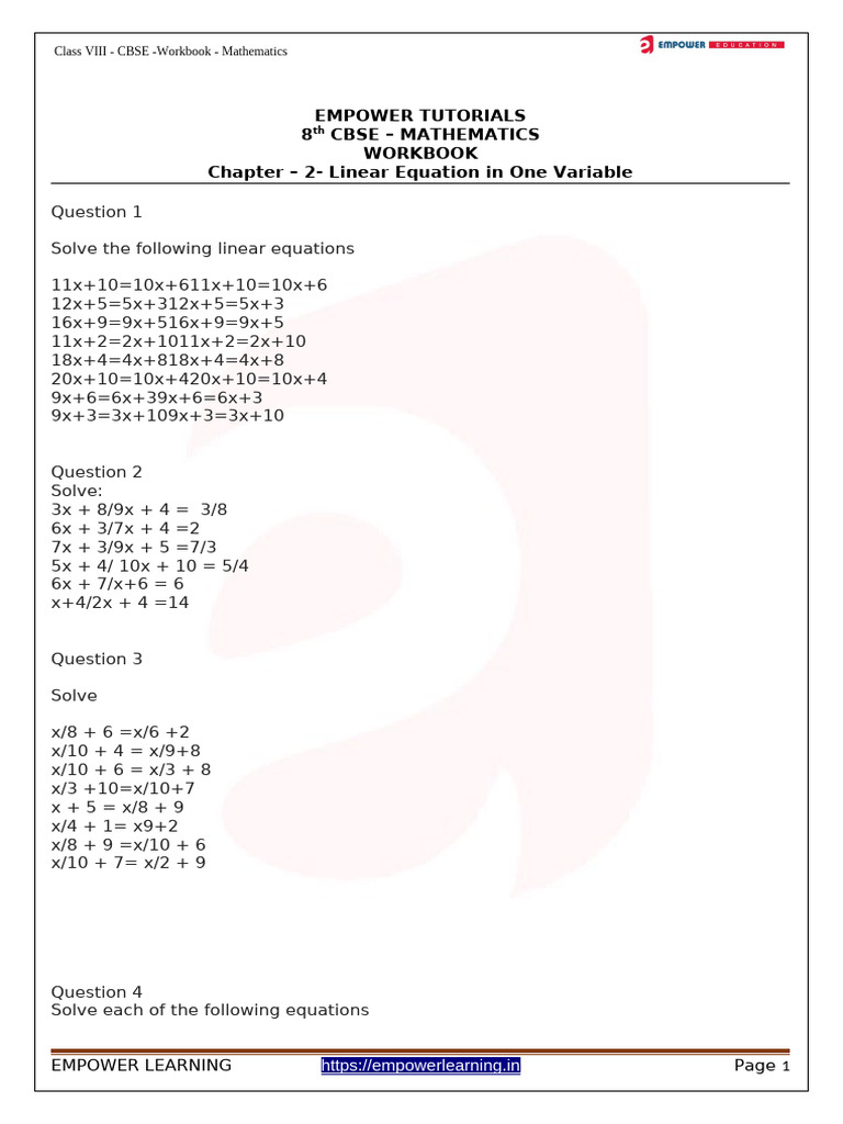 Chapter - 2 Linear Equation in One Variable | PDF | Numbers | Mathematics