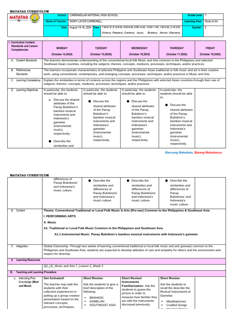 Grade 7 Music & Arts Week 2 Overview | PDF