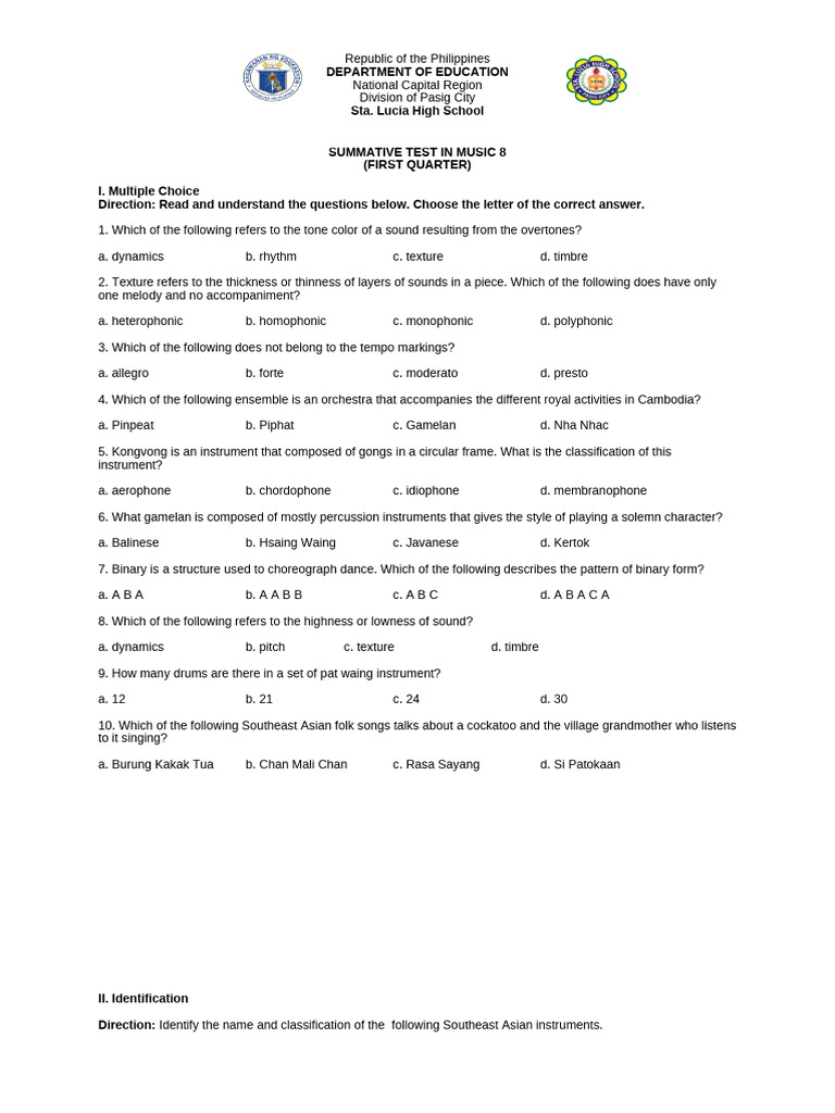 Summative Test In Music Q1 Pdf Musical Instruments Tempo