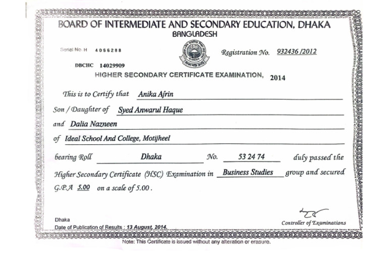 H.S.C Certificate | PDF