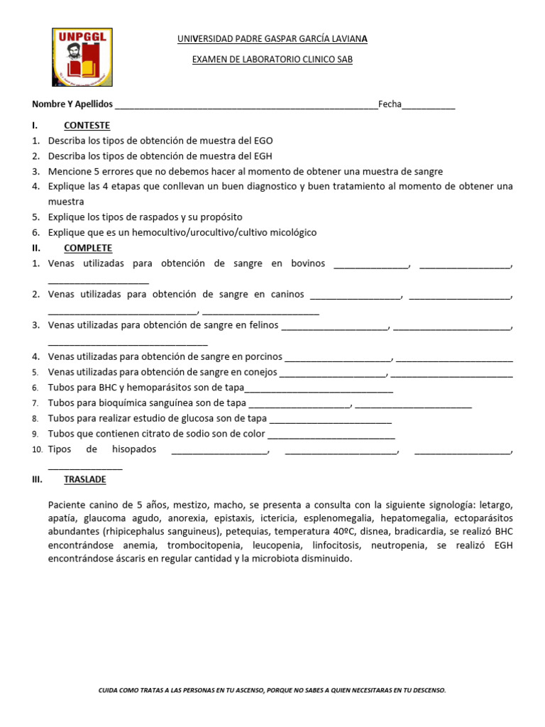 Exam Lab Clinico Sab | PDF