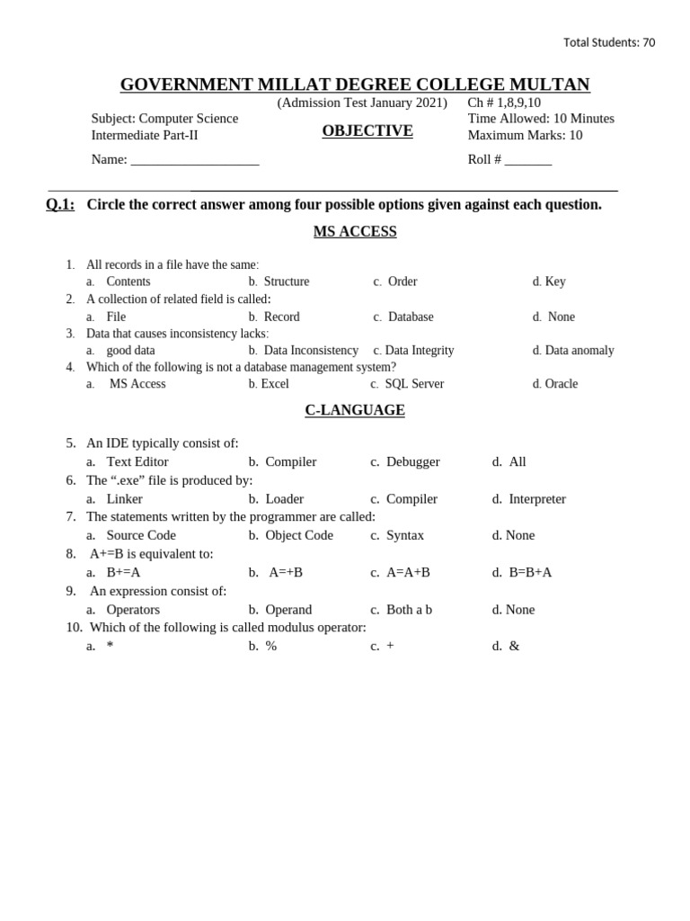 Computer Science Admission Test 2021 | PDF | C (Programming Language ...