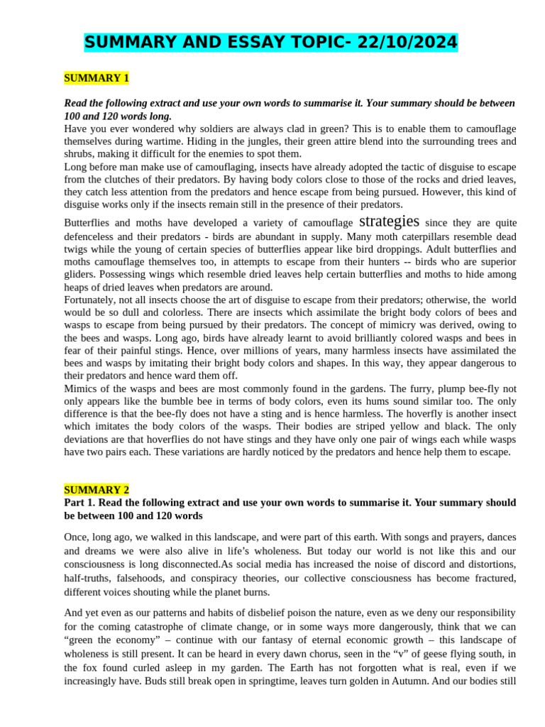 Summary and Essay Topic - Nec 22-10-2024 | PDF | Camouflage | Butterfly