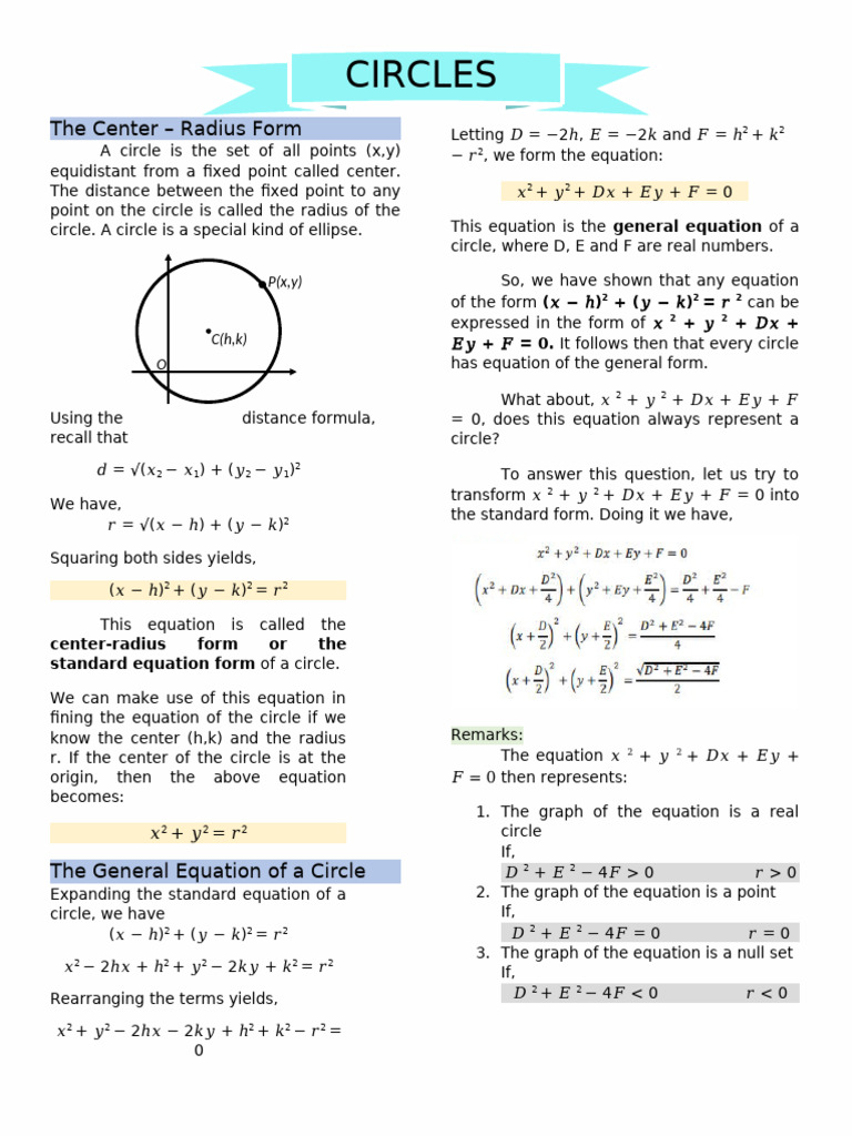 circles notes | PDF | Circle | Equations