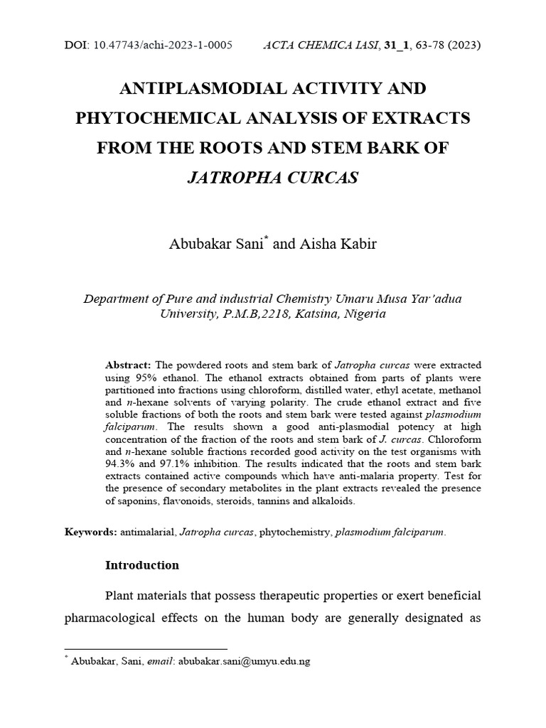 Antiplasmodial Activitie of Leaves and Root of Jatropha Curcas | PDF ...