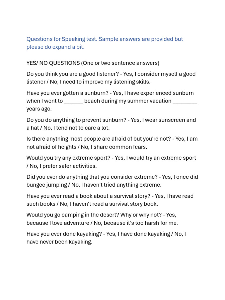 Questions For Speaking Test GRADE 10 | PDF | Outdoor Recreation