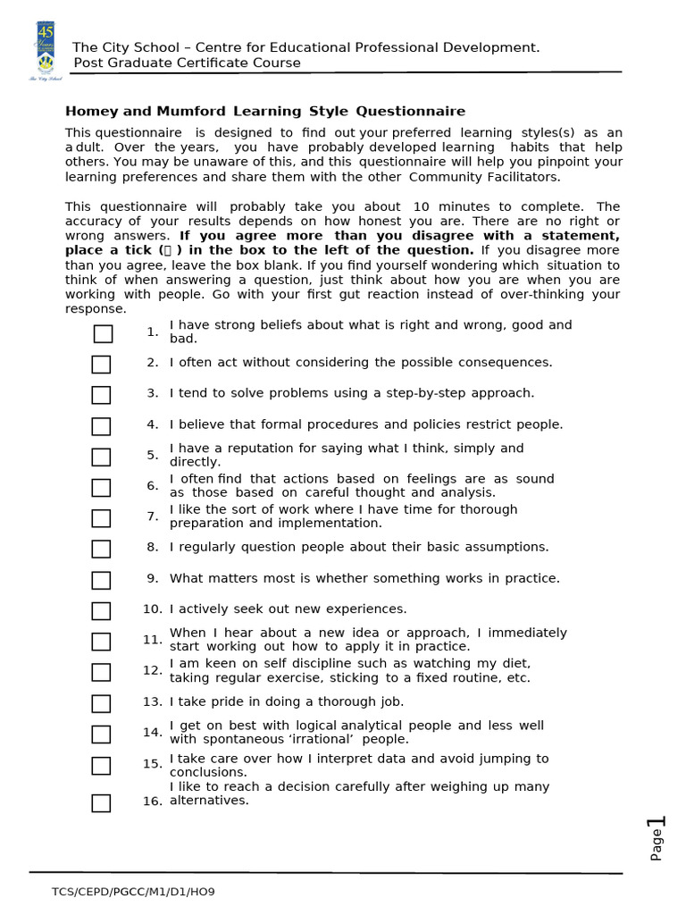 Learning Styles Questionnaire Guide | PDF | Rationality | Abstraction