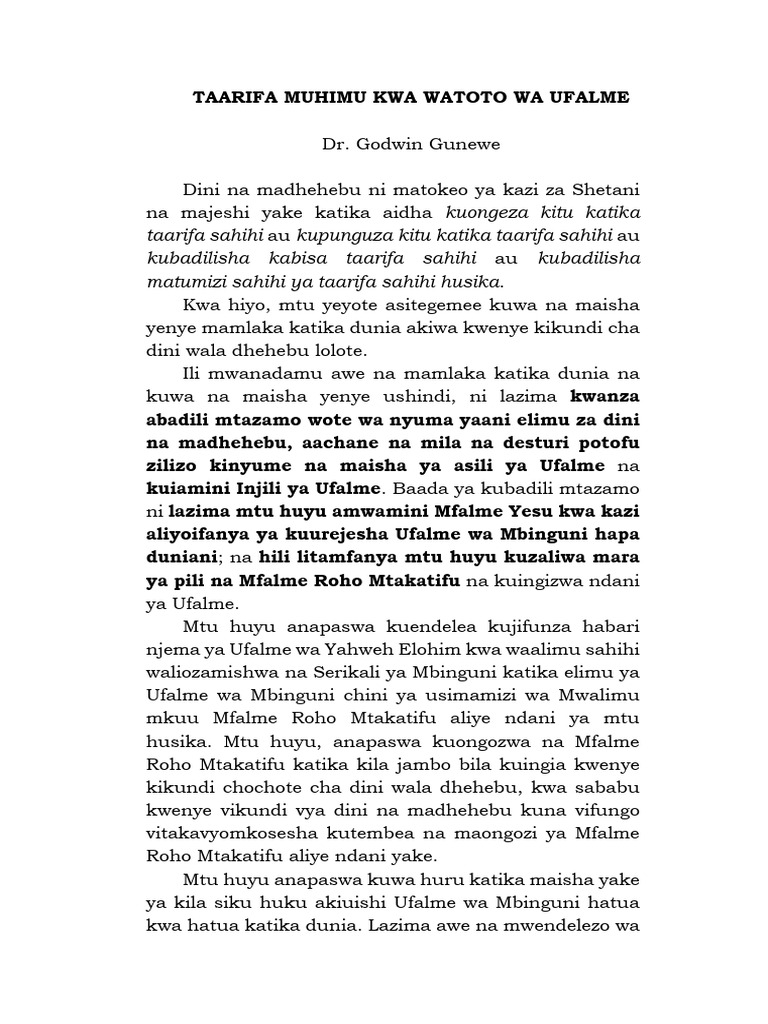 Taarifa Muhimu Kwa Watoto Wa Ufalme | PDF