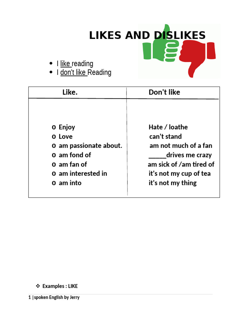 Likes and Dislikes Vocabulary Guide | PDF | Lifestyle