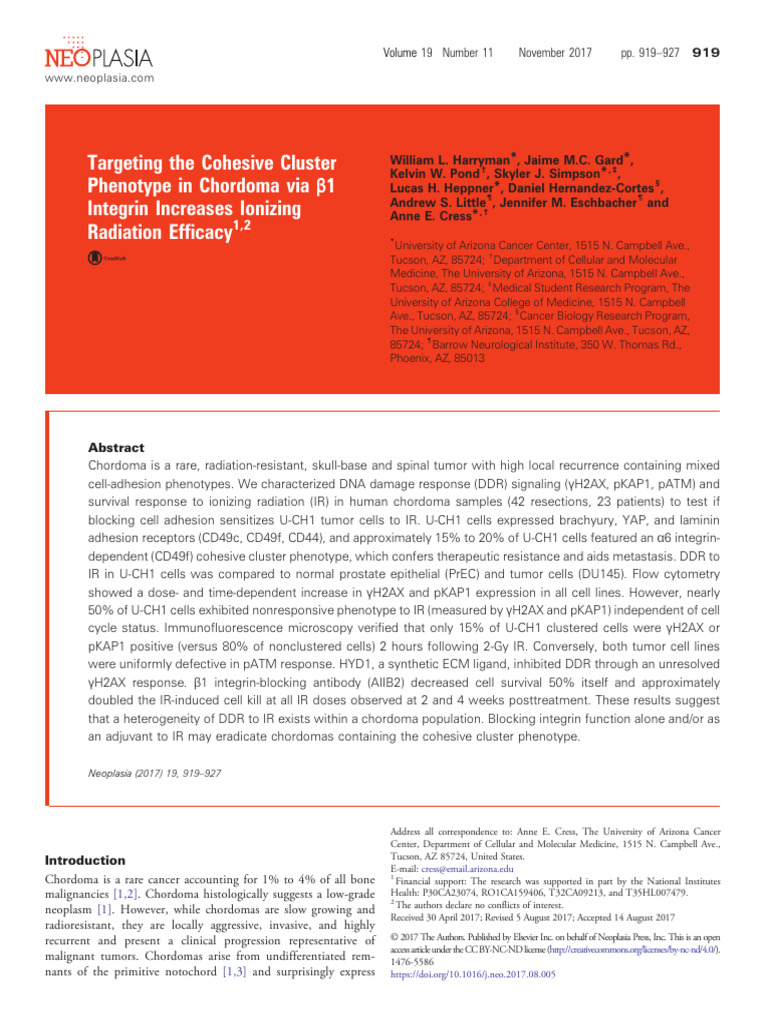 Targeting the Cohesive Cluster Phenotype in Chordoma via β1 Integrin ...