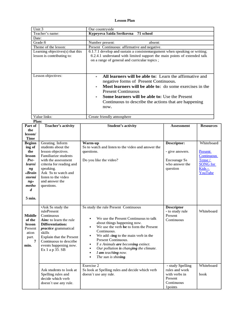 Present Continuous Lesson Plan for Grade 6 | PDF | Linguistics | Learning