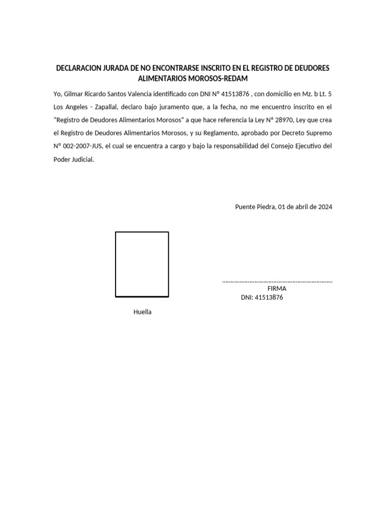D.J. de No Encontrarse Inscrito en El Registro de Deudores Alimentarios ...
