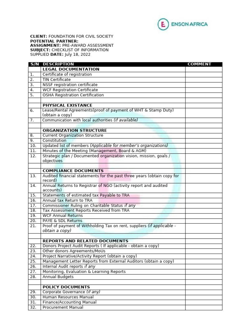 Pre-Award Assessment Checklist for NGOs | PDF | Audit | Payments